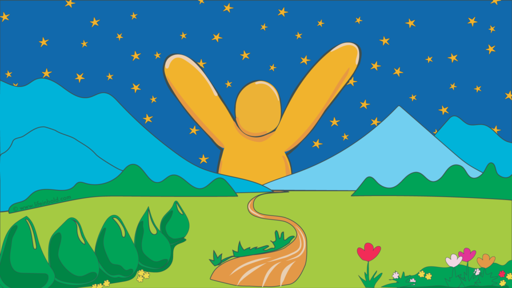 Background Image showing a winding path leading past flowers and bushes toward mountains at the horizon. Night sky filled with stars and the Life in Bold Institute Logo - a person with arms raised to sky in triumph - 920x1080 © www.lfeinbold.com